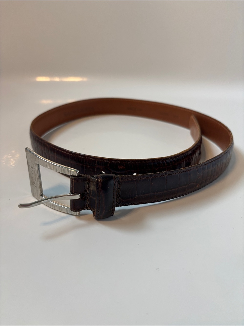 Ralph Lauren Dark Brown Croc-Embossed Leather Belt with Silver Buckle